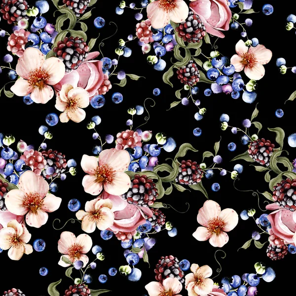 Güzel çiçeklerin sulu boya deseni ve yeşil yapraklı böğürtlenler. Görüntü