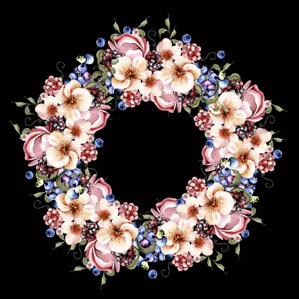 Çiçeklerden ve yeşil yapraklı meyve meyvelerinden yapılmış suluboya davetiye çerçevesi. Görüntü