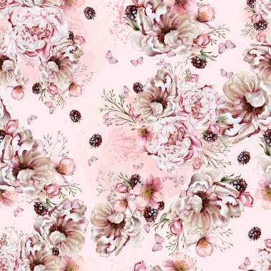 Şakayık çiçekleri ve bitkilerle suluboya şeffaf çiçek deseni. Görüntü