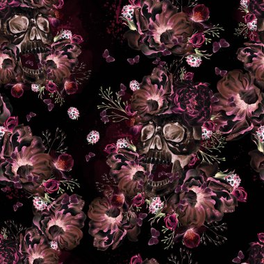 Şakayık çiçekleri ve bitkilerle suluboya şeffaf çiçek deseni. Görüntü