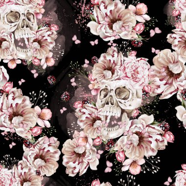 Şakayık çiçekleri ve bitkilerle suluboya şeffaf çiçek deseni. Görüntü