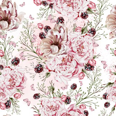 Şakayık çiçekleri ve bitkilerle suluboya şeffaf çiçek deseni. Görüntü