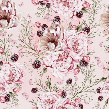 Şakayık çiçekleri ve bitkilerle suluboya şeffaf çiçek deseni. Görüntü