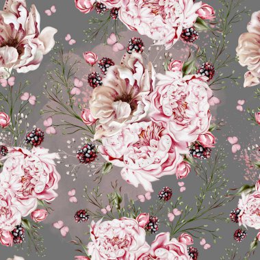 Şakayık çiçekleri ve bitkilerle suluboya şeffaf çiçek deseni. Görüntü