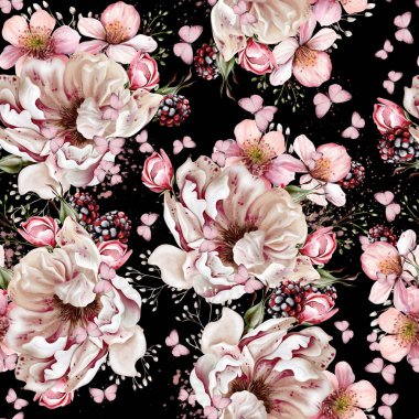 Şakayık çiçekleri ve bitkilerle suluboya şeffaf çiçek deseni. Görüntü