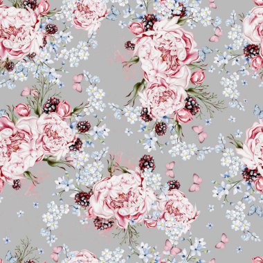 Şakayık çiçekleri ve bitkilerle suluboya şeffaf çiçek deseni. Görüntü