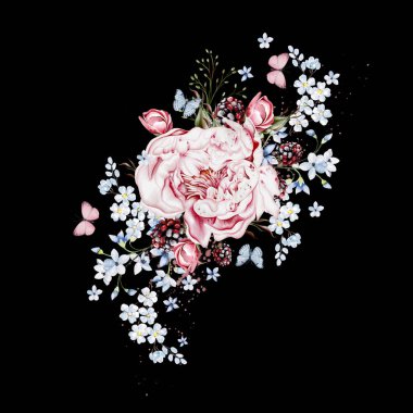 Bitkilerle suluboya buket ve pembe şakayık çiçekleri. Görüntü