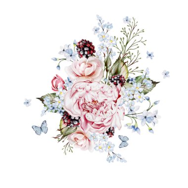 Bitkilerle suluboya buket ve pembe şakayık çiçekleri. Görüntü