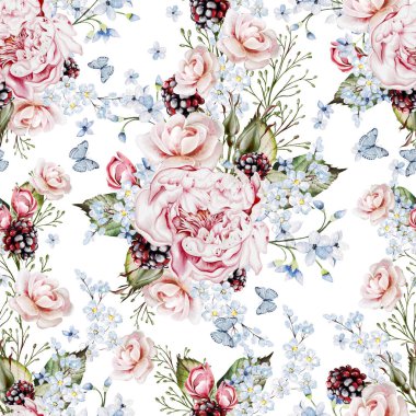 Şakayık çiçekleri ve bitkilerle suluboya şeffaf çiçek deseni. Görüntü