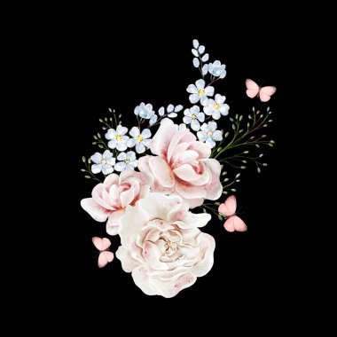 Bitkilerle suluboya buket ve pembe gül çiçekleri. Görüntü