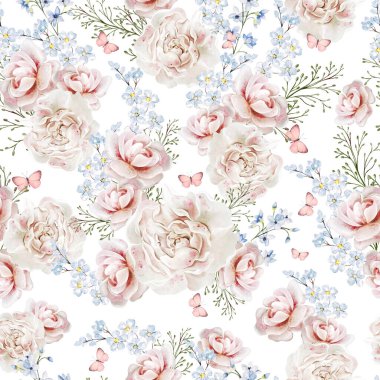 Suluboya şeffaf çiçek desenli pembe güller ve yabani otlar. Görüntü