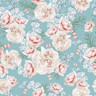 Suluboya şeffaf çiçek desenli pembe güller ve yabani otlar. Görüntü