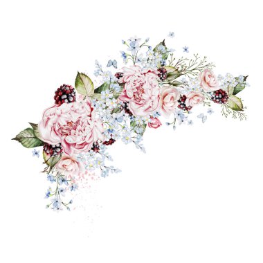 Bitkilerle suluboya buket ve pembe gül çiçekleri. Görüntü