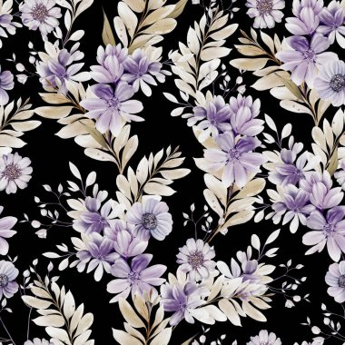 Farklı mor çiçekler ve yabani otlarla suluboya deseni. Görüntü