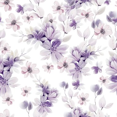 Farklı mor çiçekler ve yabani otlarla suluboya deseni. Görüntü