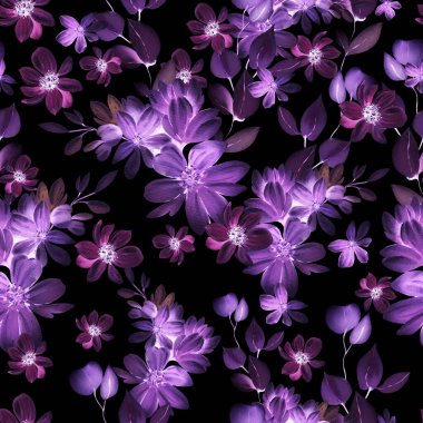 Farklı mor çiçekler ve yabani otlarla suluboya deseni. Görüntü