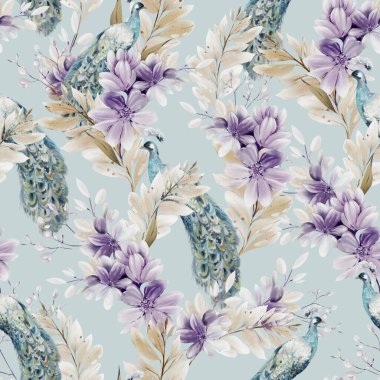 Farklı mor çiçekleri ve yabani otları olan suluboya desenli tavus kuşu. Görüntü