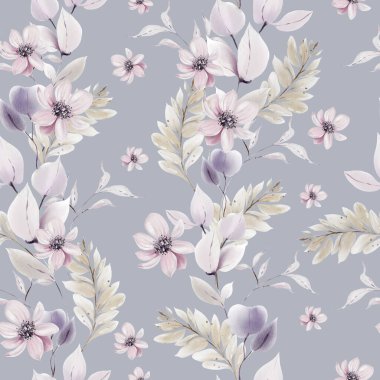 Mor çiçekli suluboya desenli yabani otlar, tavus kuşu. Görüntü