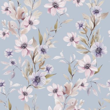 Mor, pembe çiçekler ve yabani otlarla suluboya deseni. Görüntü