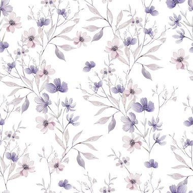 Mor, pembe çiçekler ve yabani otlarla suluboya deseni. Görüntü