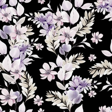 Mor, pembe çiçekler ve yabani otlarla suluboya deseni. Görüntü