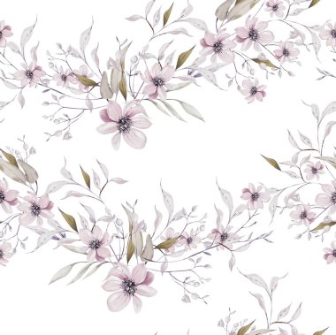 Mor, pembe çiçekler ve yabani otlarla suluboya deseni. Görüntü