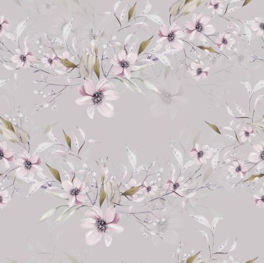 Mor, pembe çiçekler ve yabani otlarla suluboya deseni. Görüntü