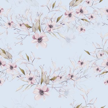 Mor, pembe çiçekler ve yabani otlarla suluboya deseni. Görüntü