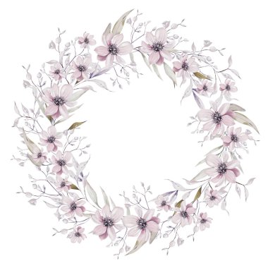 Çiçekli ve yapraklı suluboya düğün çelengi. Görüntü