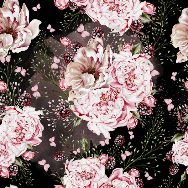 Akwarela Przetargu Kwiatowy Bezszwowy Wzór Kwiatami Piwonii Ziół Ilustracja — Zdjęcie stockowe