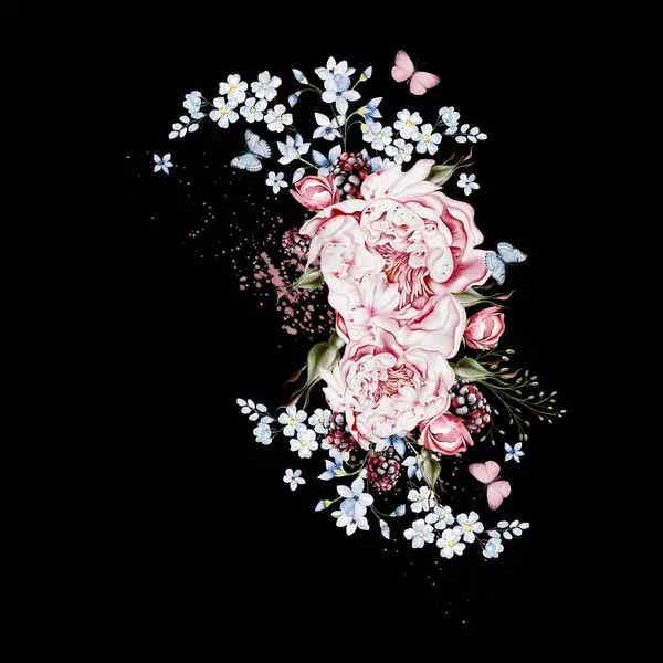 Akwarelowy Bukiet Ziołami Różowymi Kwiatami Piwonii Ilustracja — Zdjęcie stockowe