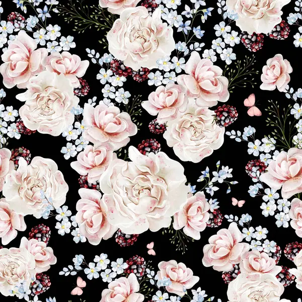 Şakayık çiçekleri, böğürtlenler ve otlarla suluboya şeffaf çiçek deseni. Görüntü