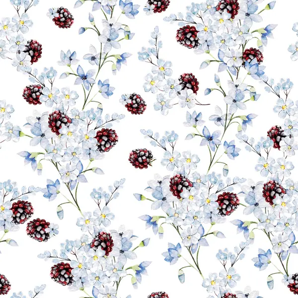 Akwarela Przetargu Kwiatowy Bezszwowy Wzór Niebieskimi Kwiatami Jagodami Ilustracja — Zdjęcie stockowe