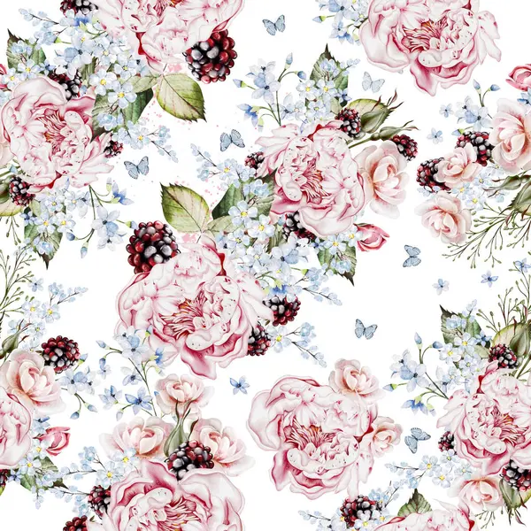 Watercolor Tender Floral Seamless Pattern Peony Flowers Blue Herbs Berries — Stock Photo, Image