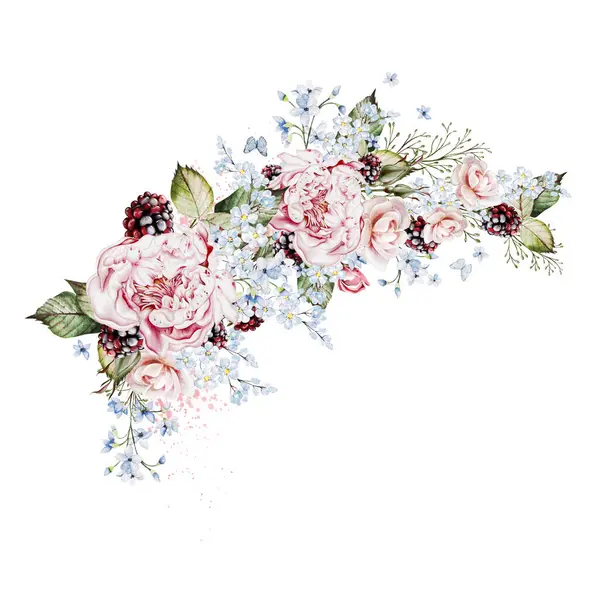 Akwarelowy Bukiet Ziołami Różowymi Kwiatami Róż Ilustracja — Zdjęcie stockowe