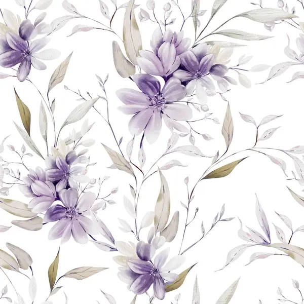 Wzór Akwareli Fioletowymi Kwiatami Dzikimi Ziołami Ilustracja — Zdjęcie stockowe