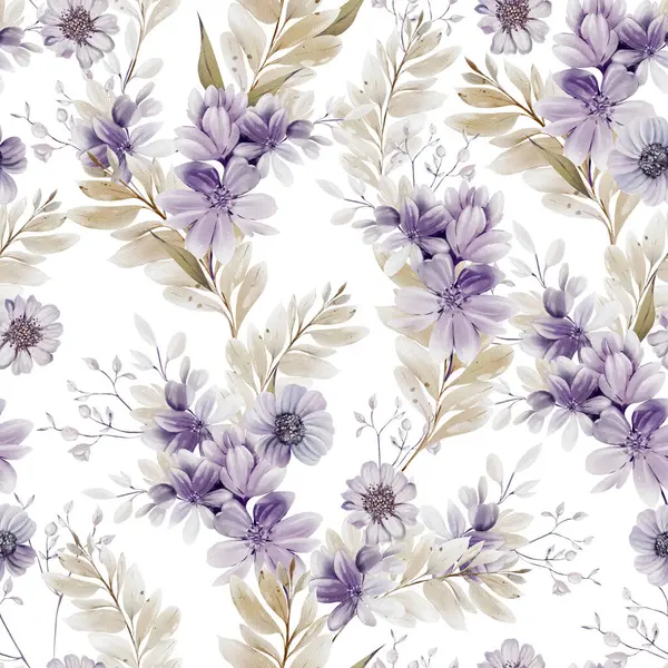 異なる紫色の花と野生のハーブの水彩パターン イラストレーション — ストック写真