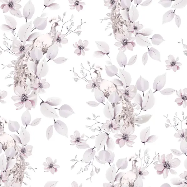 Wzór Akwarela Fioletowymi Kwiatami Dzikimi Ziołami Paw Ptaków Ilustracja — Zdjęcie stockowe
