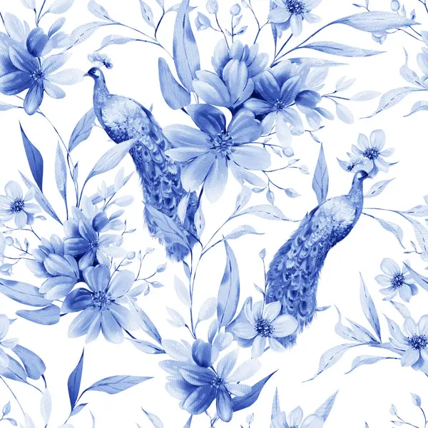 Wzór Akwarela Fioletowymi Kwiatami Dzikimi Ziołami Paw Ptaków Ilustracja — Zdjęcie stockowe