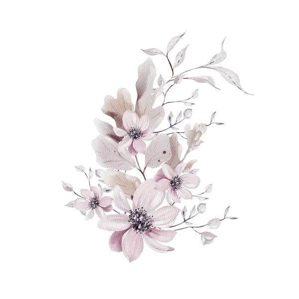 Akwarelowy Bukiet Ślubny Kwiatami Liśćmi Ilustracja — Zdjęcie stockowe
