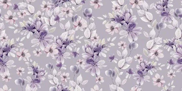 Watercolor pattern with the different purple  flowers and wild herbs. Illustration