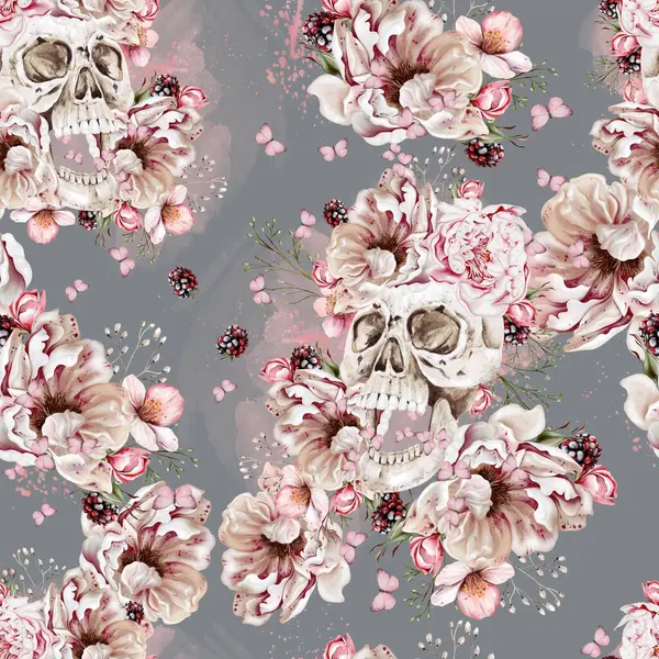 花の花とハーブが付いている水彩の柔らかい花の継ぎ目が無いパターン イラストレーション ロイヤリティフリーのストック写真