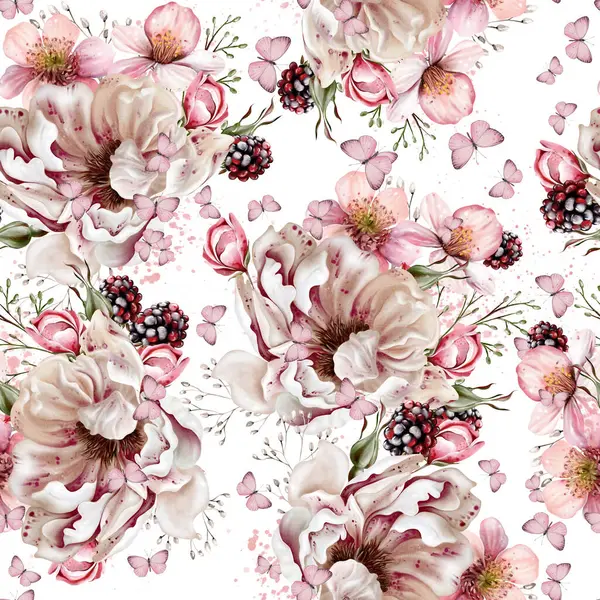 花の花とハーブが付いている水彩の柔らかい花の継ぎ目が無いパターン イラストレーション ストックフォト