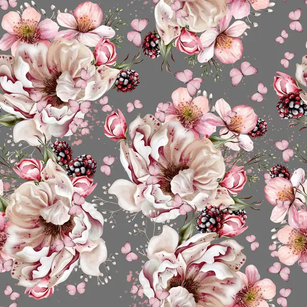 花の花とハーブが付いている水彩の柔らかい花の継ぎ目が無いパターン イラストレーション ストック画像
