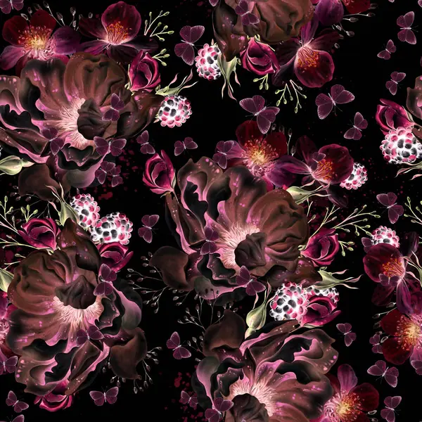 Patrón Sin Costura Floral Tierno Acuarela Con Flores Peonía Hierbas Imagen de archivo