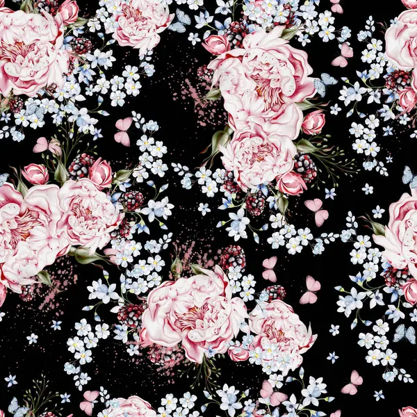 Akwarela Przetargu Kwiatowy Bezszwowy Wzór Kwiatami Piwonii Ziół Ilustracja Zdjęcie Stockowe