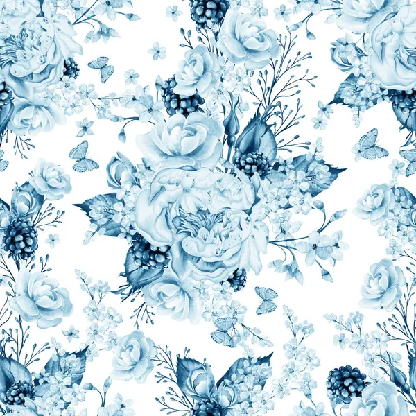 Aquarel Tedere Bloemloze Naadloze Patroon Met Pioenroos Bloemen Kruiden Illustratie Stockfoto