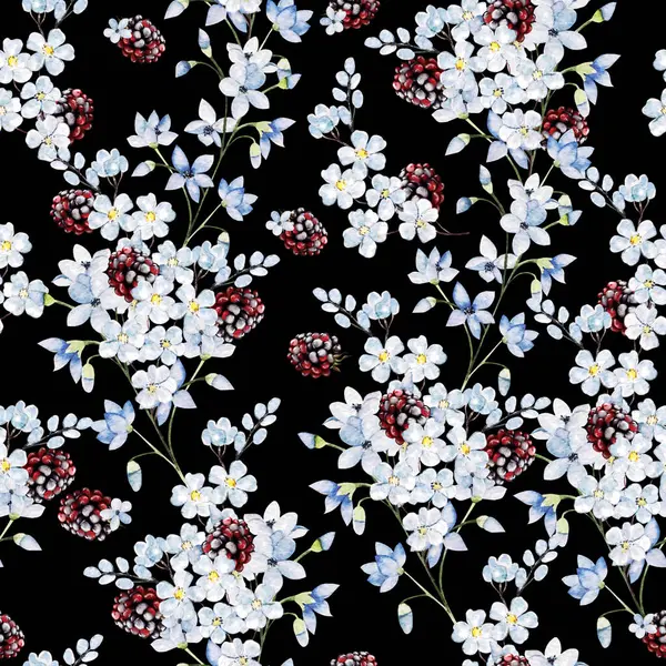 青い花とベリーが付いている水彩の柔らかい花の継ぎ目が無いパターン イラストレーション ストック写真