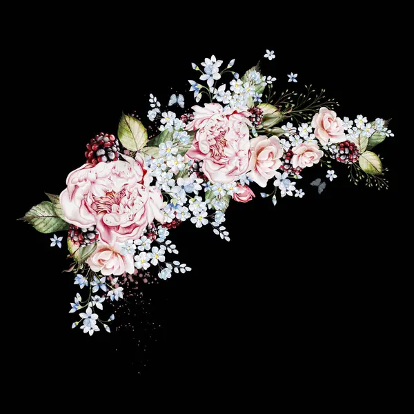 Ramo Acuarela Con Hierbas Rosas Rosadas Flores Ilustración Imagen De Stock