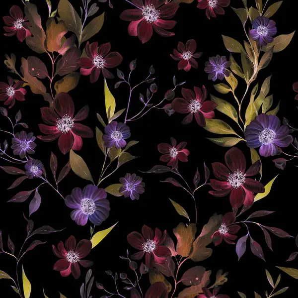 Aquarellmuster Mit Lila Rosa Blüten Und Wildkräutern Illustration Stockbild